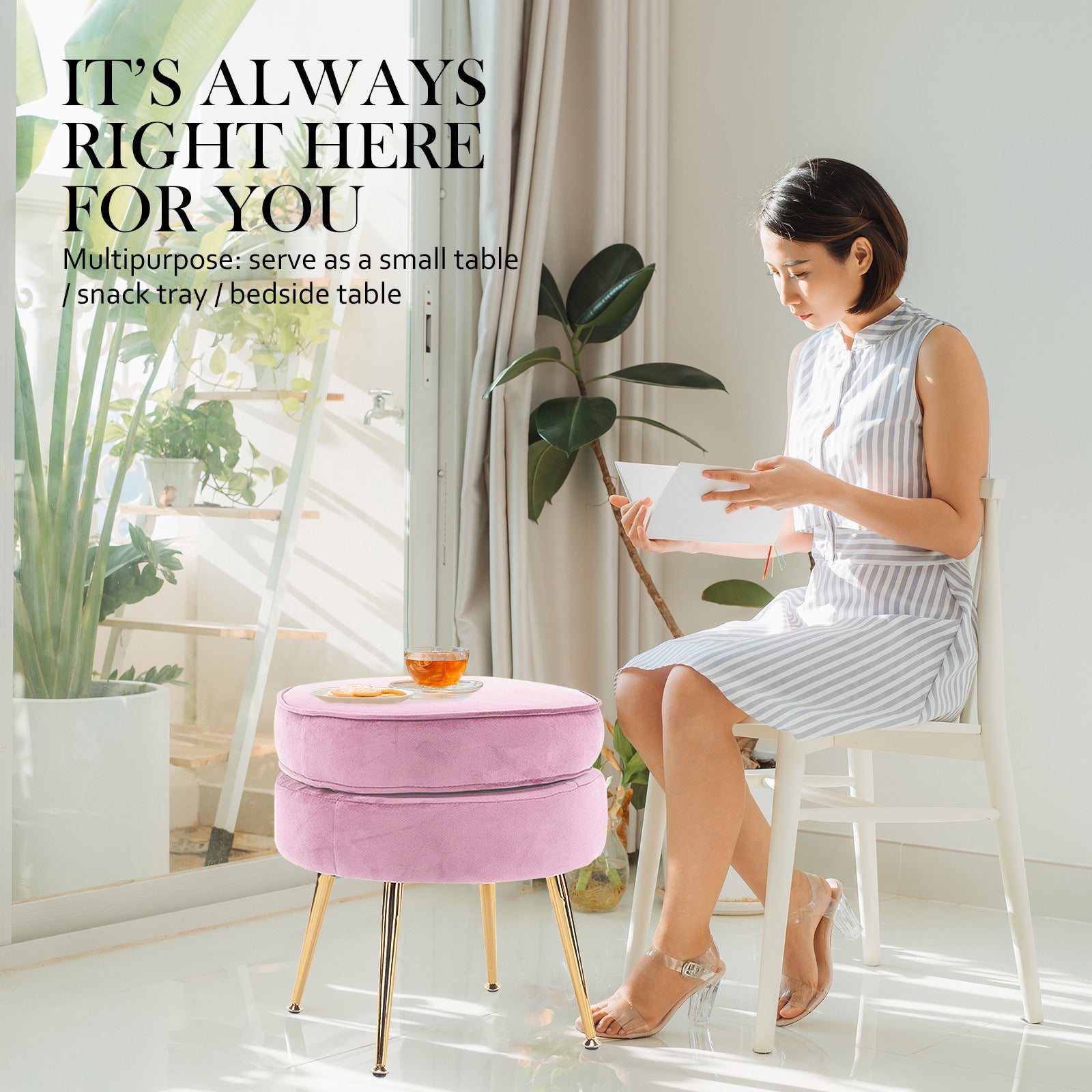 Ottoman Foot Stool Velvet Fabric Metal Leg Round - PINK - Cosy Abode