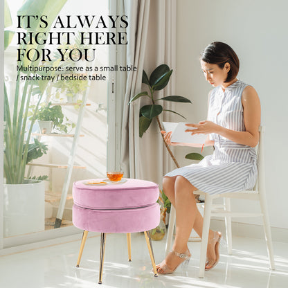 Ottoman Foot Stool Velvet Fabric Metal Leg Round - PINK - Cosy Abode