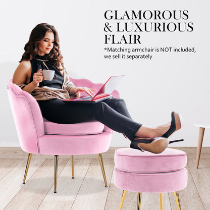 Ottoman Foot Stool Velvet Fabric Metal Leg Round - PINK - Cosy Abode