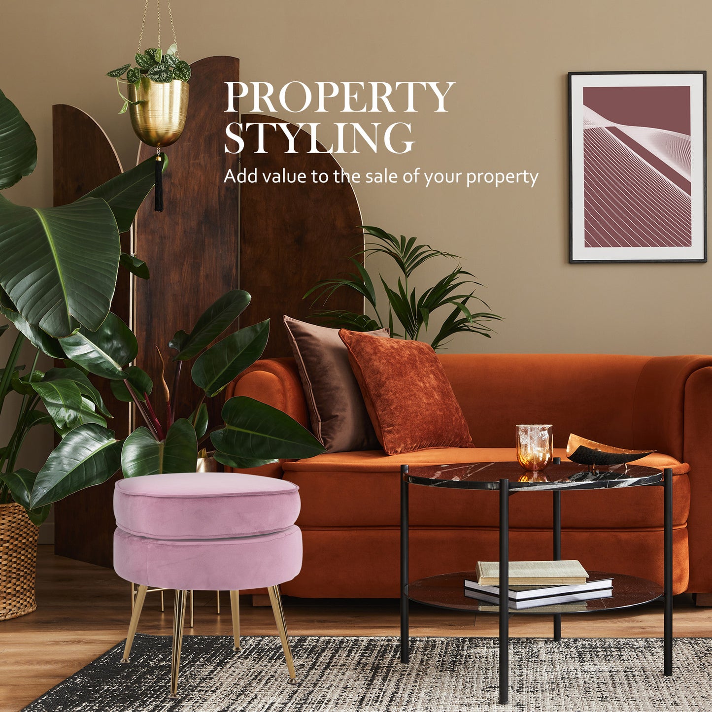 Ottoman Foot Stool Velvet Fabric Metal Leg Round - PINK - Cosy Abode