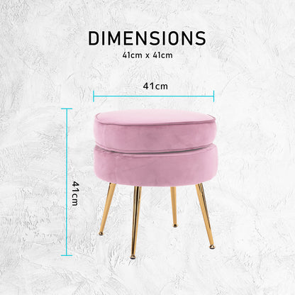 Ottoman Foot Stool Velvet Fabric Metal Leg Round - PINK - Cosy Abode