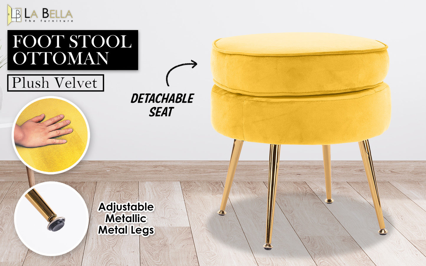 Ottoman Foot Stool Velvet Fabric Metal Legs Round - YELLOW - Cosy Abode