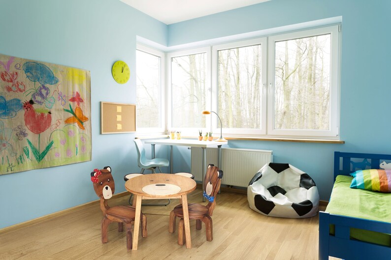 Children's furniture Set Bear Table and 2 Chairs -natural wood handmade and solid build - Cosy Abode