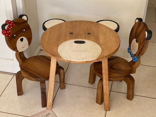 Children's furniture Set Bear Table and 2 Chairs -natural wood handmade and solid build - Cosy Abode