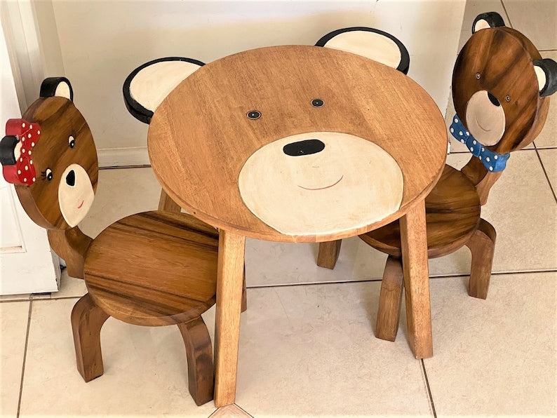 Children's furniture Set Bear Table and 2 Chairs -natural wood handmade and solid build - Cosy Abode
