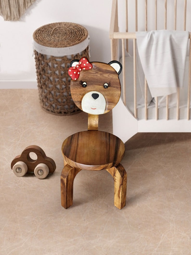 Children's furniture Set Bear Table and 2 Chairs -natural wood handmade and solid build - Cosy Abode