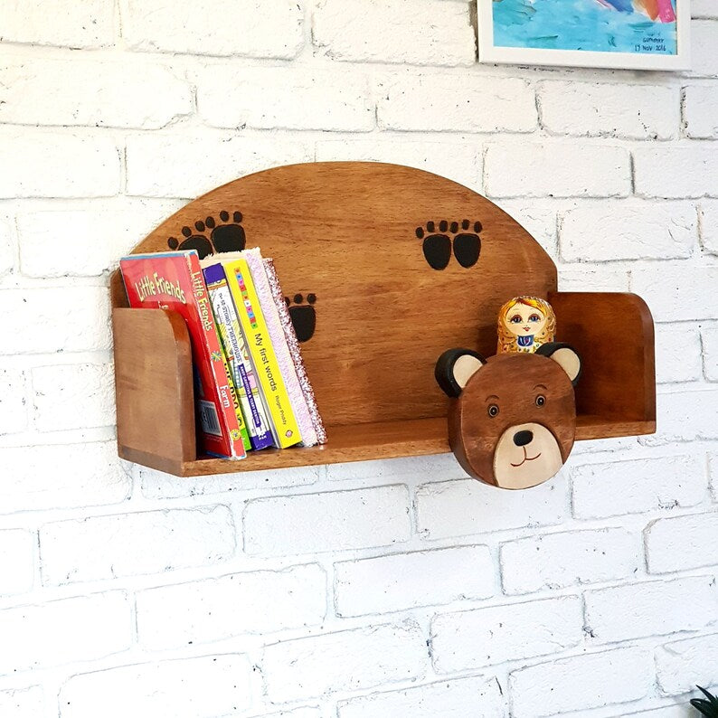 Wooden Wall Mounted Book Shelf Bear theme for children's room - Cosy Abode