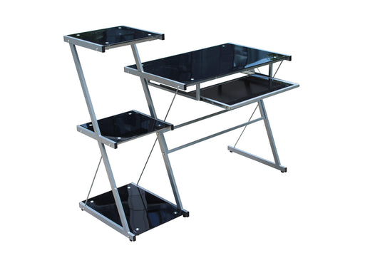 YES4HOMES Metal and Tempered Glass Computer Desk Laptop Writing Desk Gaming Table with Storage Shelves - Cosy Abode