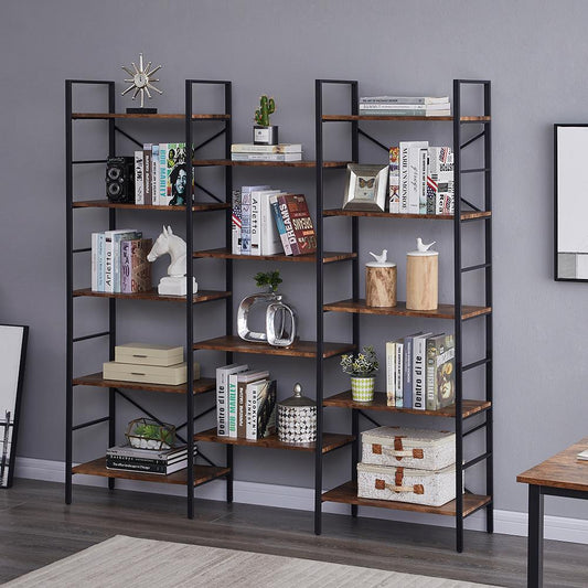 YES4HOMES Industrial Shelf Bookshelf, Vintage Wood and Metal Bookcase Furniture for Home & Office - Cosy Abode