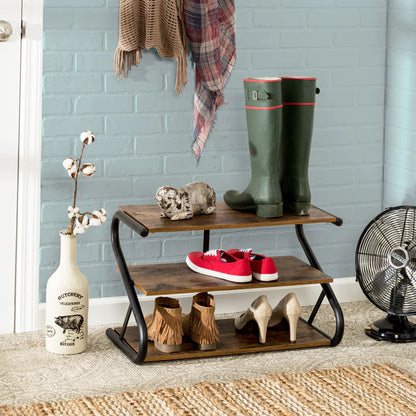 Matte Black Frame Rustic Wood 3-Tier Medium Shoe Rack Shelf Stand Storage Organizer - Cosy Abode