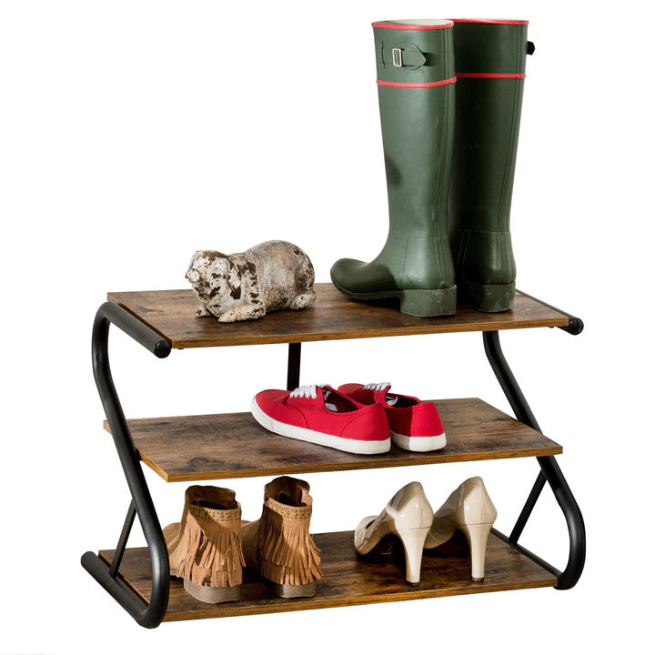 Matte Black Frame Rustic Wood 3-Tier Medium Shoe Rack Shelf Stand Storage Organizer - Cosy Abode