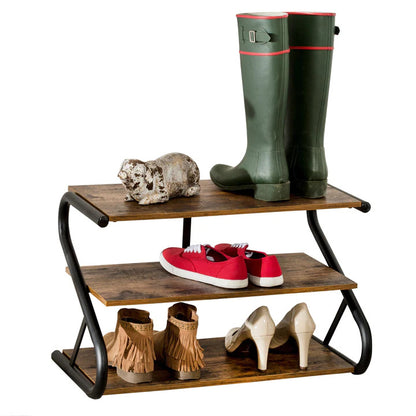 Matte Black Frame Rustic Wood 3-Tier Medium Shoe Rack Shelf Stand Storage Organizer - Cosy Abode
