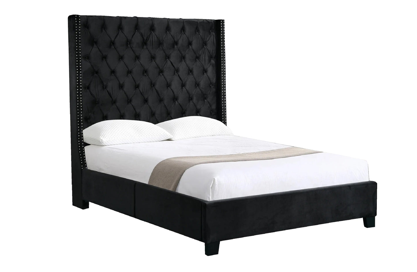 Ella Winged Bed 180cm - Queen Size - Black Velvet - Cosy Abode