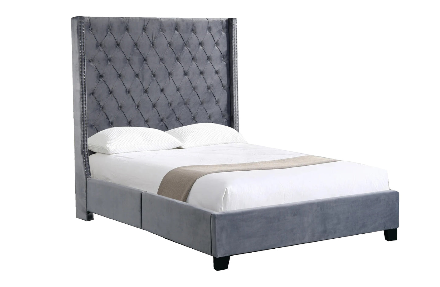 Ella Winged Bed 180cm - King Size - Grey Velvet - Cosy Abode
