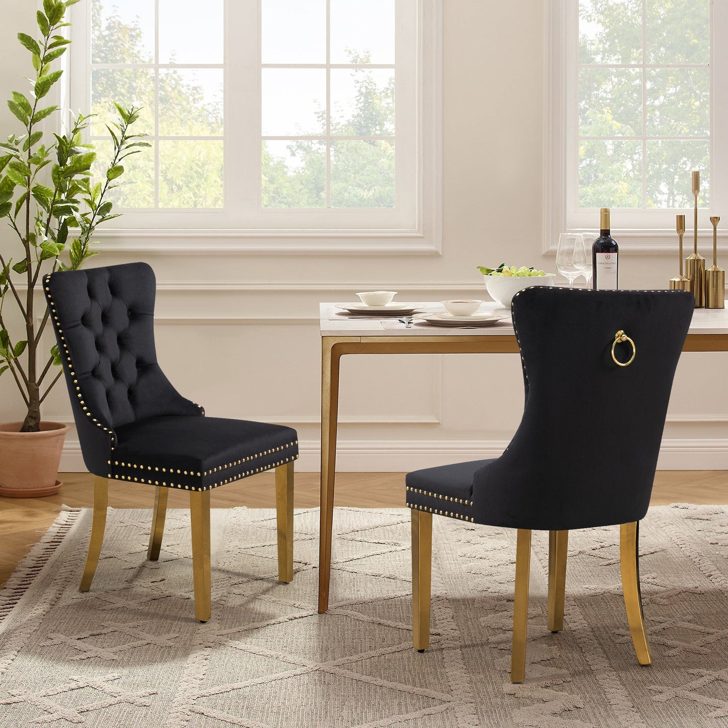Set of 2 -Alsea Velvet & Polished Steel Dining Chairs Upholstered Tufted Stud Trim and Ring - 2 Colours - Cosy Abode