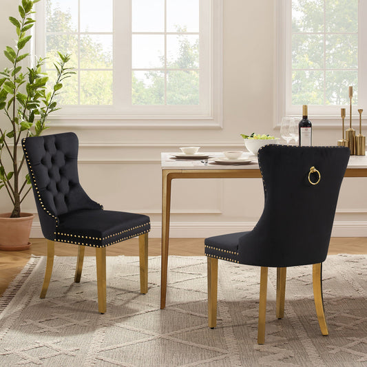 Set of 2 -Alsea Velvet & Polished Steel Dining Chairs Upholstered Tufted Stud Trim and Ring - 2 Colours - Cosy Abode