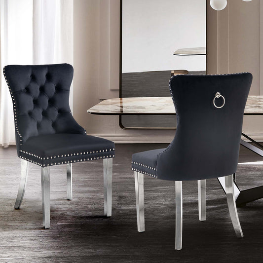 Set of 2 -Alsea Black Velvet &  Silver Steel Dining Chairs Upholstered Tufted Stud Trim and Ring - Cosy Abode
