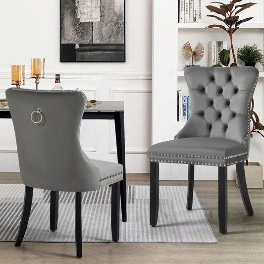 Set of 2 - Alsea Dark Grey Velvet & Black Rubberwood Dining Chairs Upholstered Tufted Stud Trim and Ring - Cosy Abode