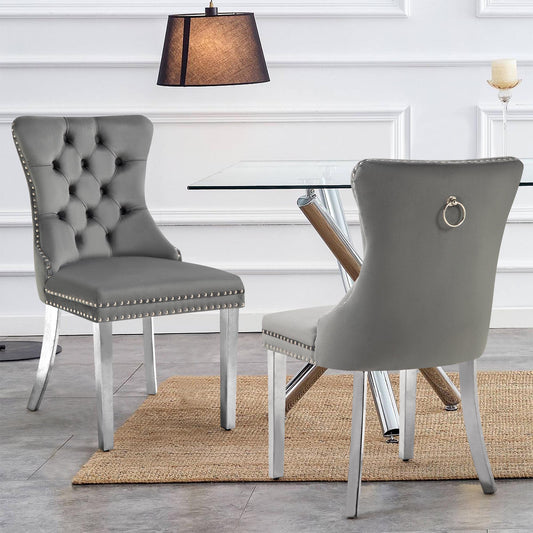 Set of 2 -Alsea Dark Grey Velvet & Silver Steel Dining Chairs Upholstered Tufted Stud Trim and Ring - Cosy Abode