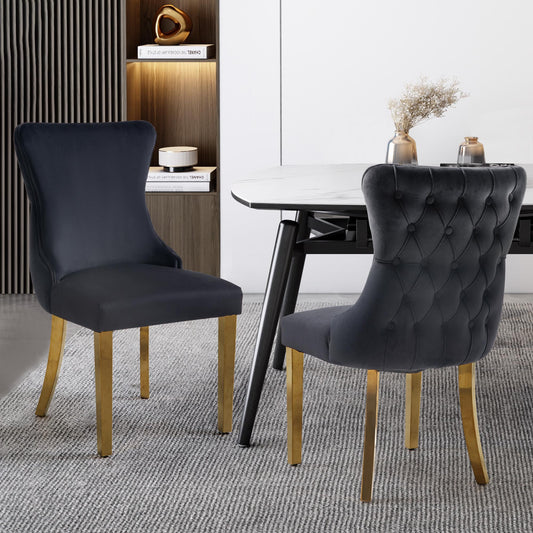 Paris Black Velvet  & Gold Polished Steel Upholstered Dining Chairs Tufted Back - Set of 2 - Cosy Abode