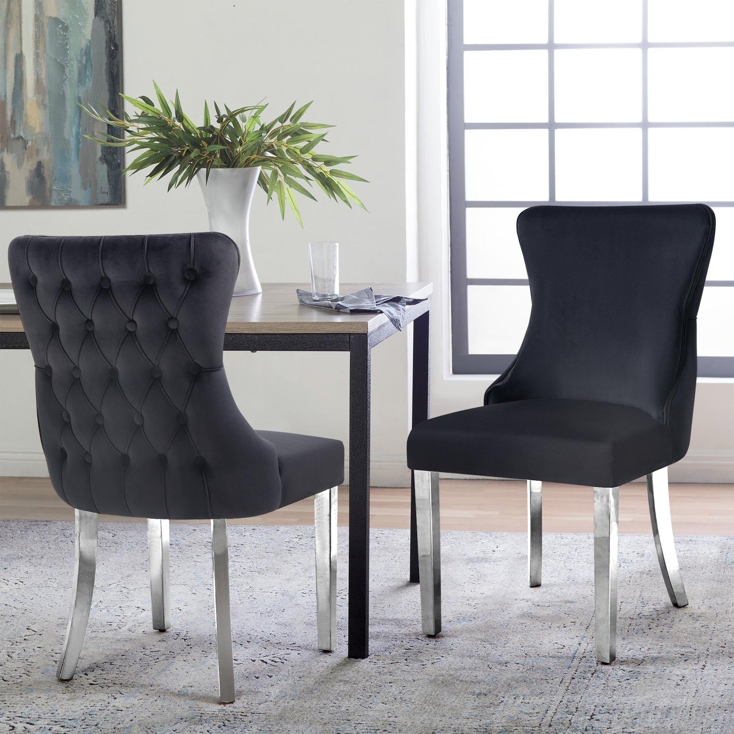 Paris Black Velvet  & Silver Polished Steel Upholstered Dining Chairs Tufted Back - Set of 2 - Cosy Abode