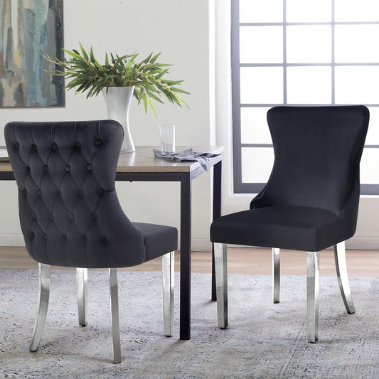 Paris Black Velvet  & Silver Polished Steel Upholstered Dining Chairs Tufted Back - Set of 2 - Cosy Abode
