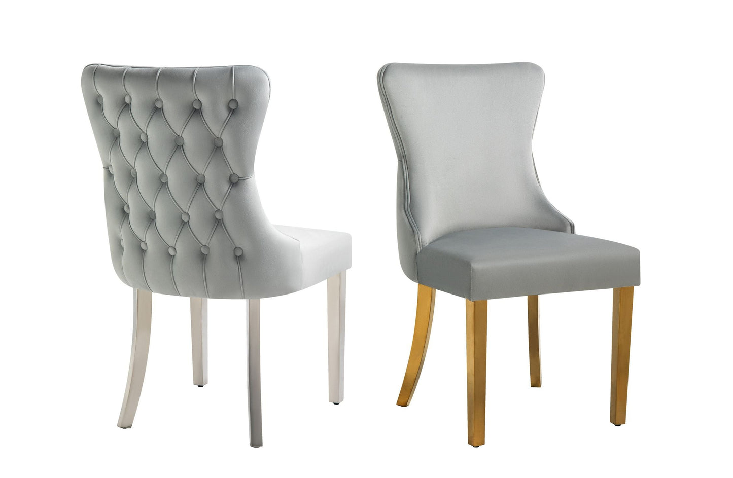 Paris Dark Grey Velvet  & Silver Polished Steel Upholstered Dining Chairs Tufted Back - Set of 2 - Cosy Abode