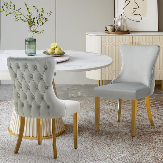 Set of 2 - Paris Light Grey Velvet  & Gold Polished Steel Upholstered Dining Chairs Tufted Back - Cosy Abode