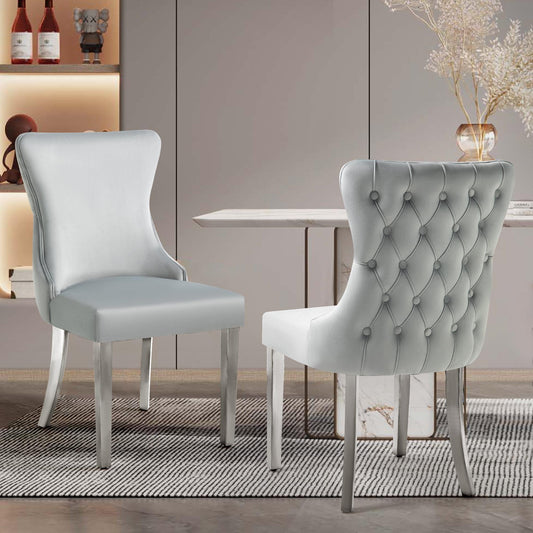 Set of 2 - Paris Light Grey Velvet  & Silver Polished Steel Upholstered Dining Chairs Tufted Back - Cosy Abode