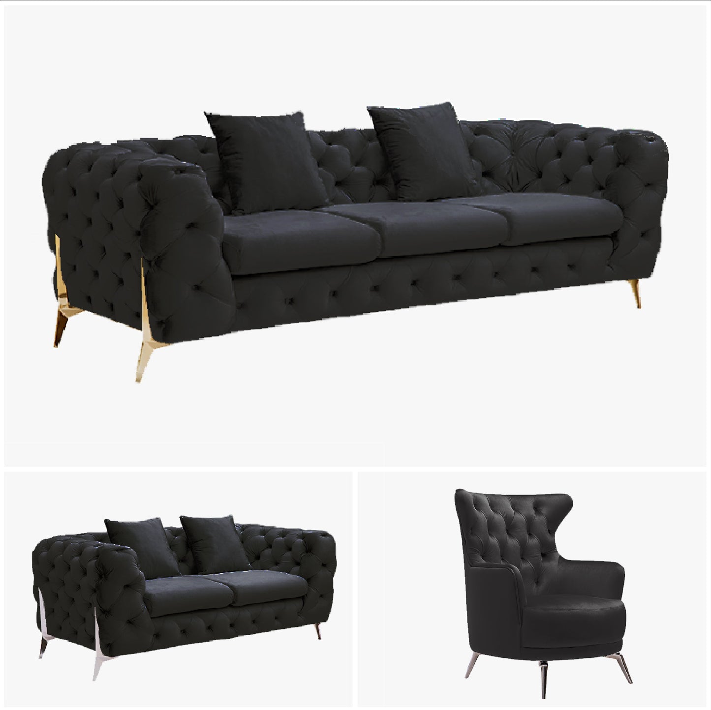 Grand Tufted Lounge - Black Velvet - Gold Legs - Cosy Abode