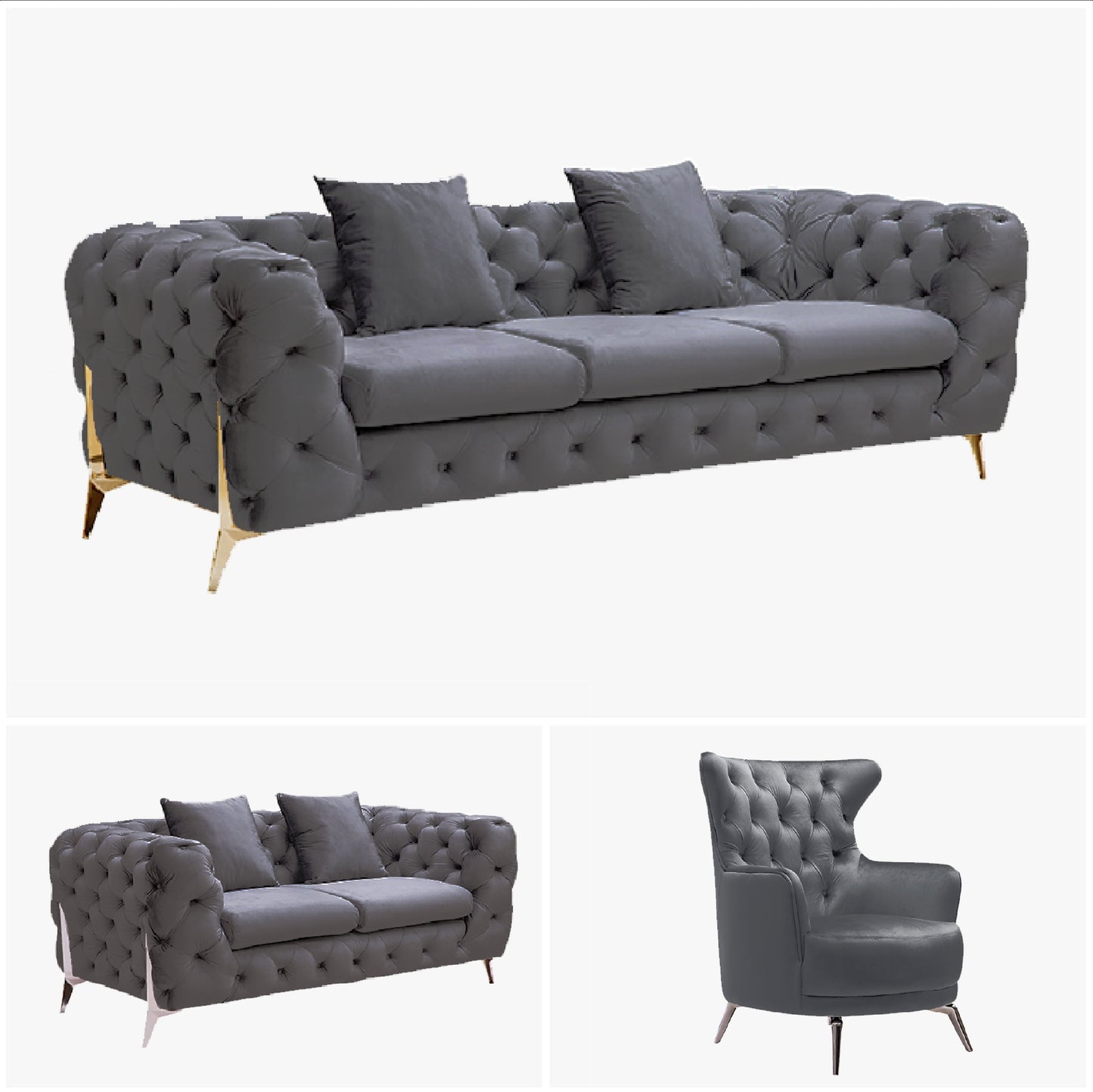 Grand Tufted Lounge - Dark Grey Velvet - Silver Legs - Cosy Abode