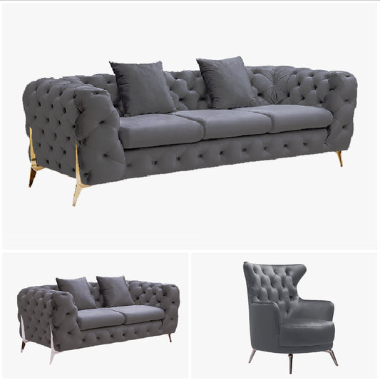 Grand Tufted Lounge - Dark Grey Velvet - Silver Legs - Cosy Abode