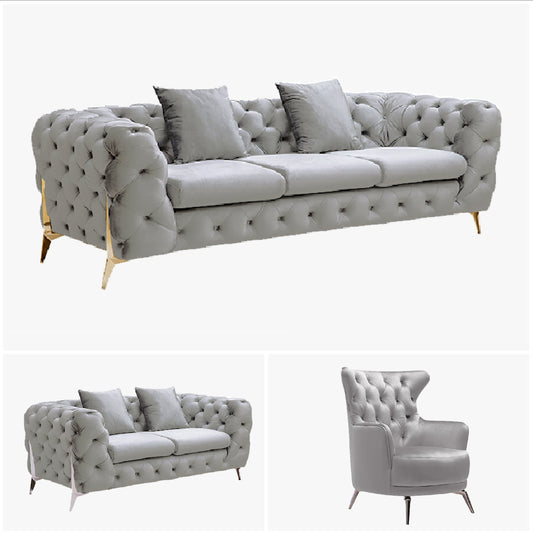Grand Tufted Lounge - Light Grey Velvet - Gold Legs - Cosy Abode