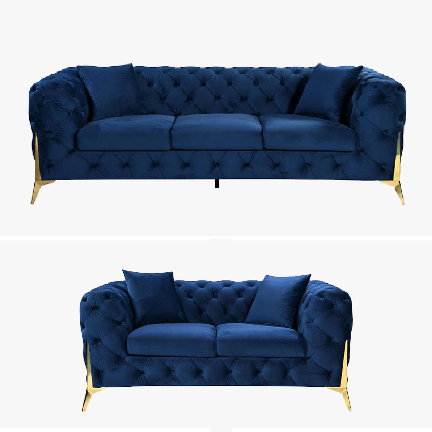 Grand Tufted Lounge - Blue Velvet - Gold Legs - Cosy Abode