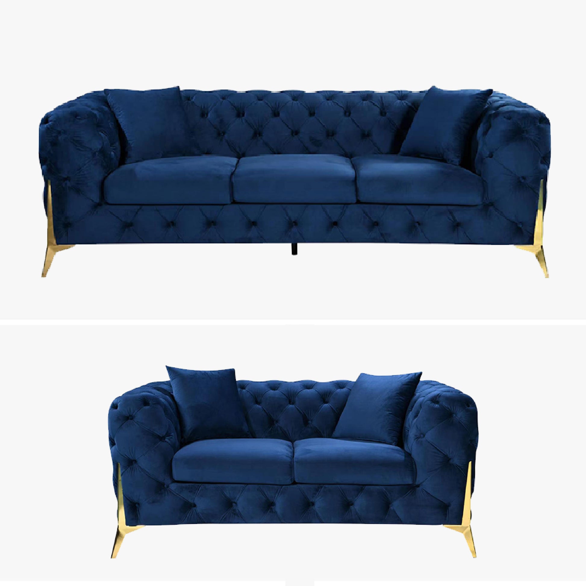 Grand Tufted Lounge - Blue Velvet - Gold Legs - Cosy Abode