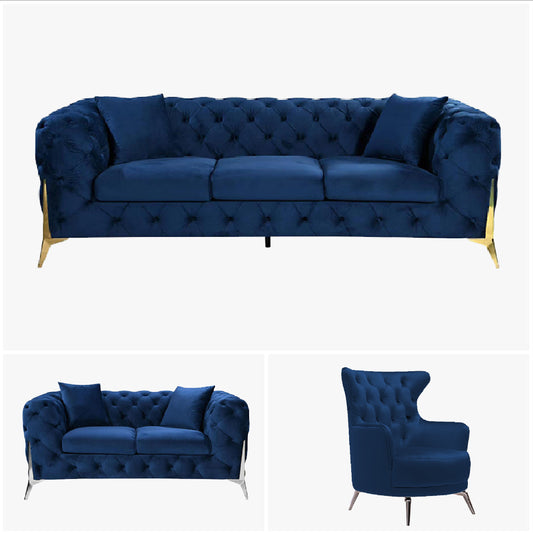 Grand Tufted Lounge - Blue Velvet - Silver Legs - Cosy Abode