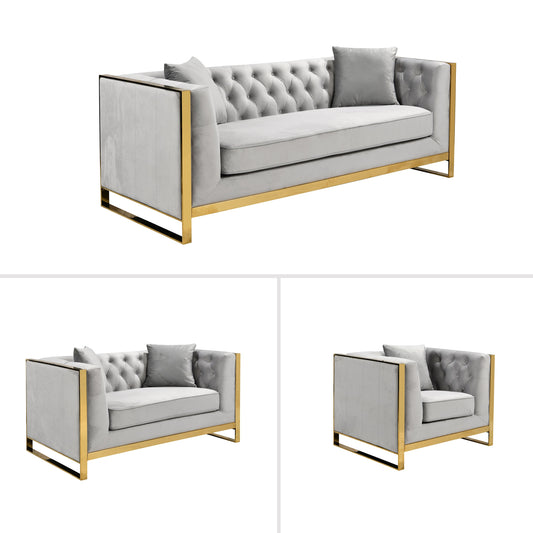 William Lounge - Light Grey Velvet - Gold Trims - Cosy Abode