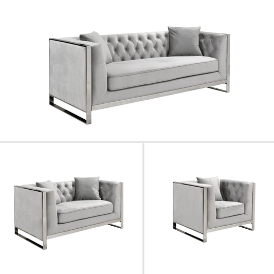 William Lounge - Light Grey Velvet - Silver Trims - Cosy Abode