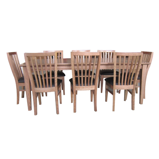 Fairmont 9pc Set 210cm Dining Table Chair PU Leather Seat Slat Back Oak Wood - Cosy Abode
