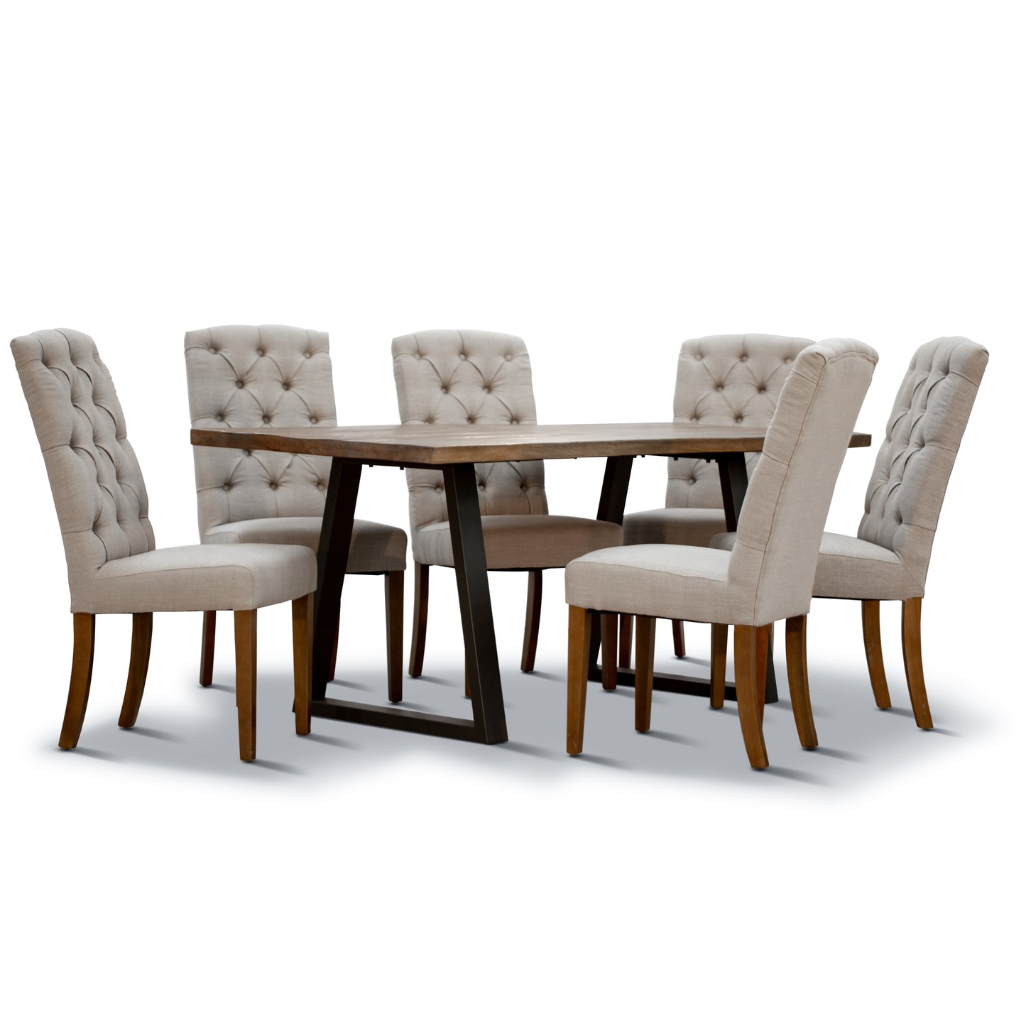 Begonia 7pc Dining Set 180cm Live Edge Table 6 Beige Fabric Chair Mango Wood - Cosy Abode