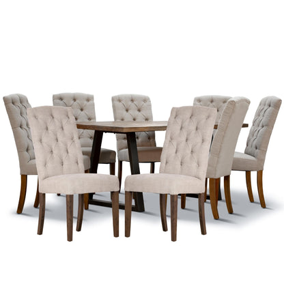 Begonia 9pc Dining Set 220cm Live Edge Table 8 Beige Fabric Chair Mango Wood - Cosy Abode
