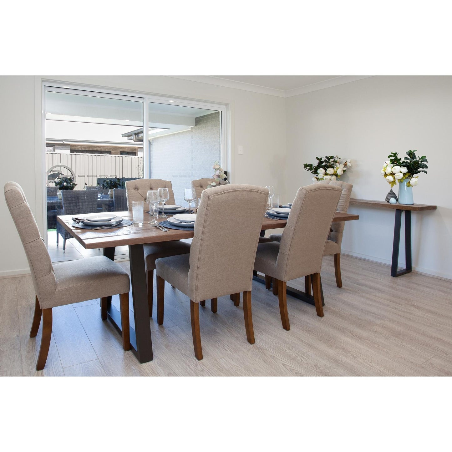 Begonia 9pc Dining Set 220cm Live Edge Table 8 Charcoal Fabric Chair Mango Wood - Cosy Abode
