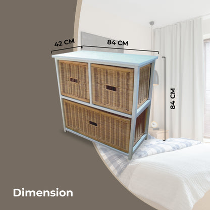 Hyssop 3 Chest of Drawers Cane Bedroom Kitchen Bathroom Storage Tallboy Shelf - Cosy Abode
