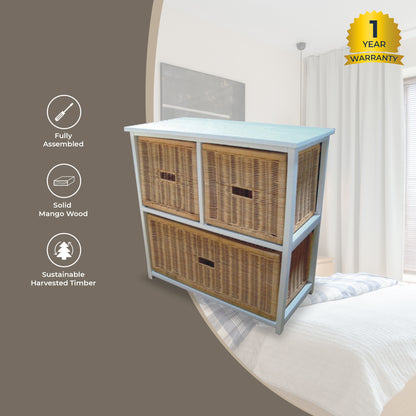 Hyssop 3 Chest of Drawers Cane Bedroom Kitchen Bathroom Storage Tallboy Shelf - Cosy Abode