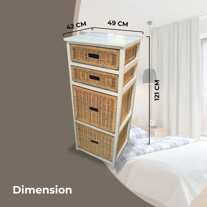Hyssop Tallboy 4 Chest of Drawers Cane Bedroom Kitchen Bathroom Storage Shelf - Cosy Abode