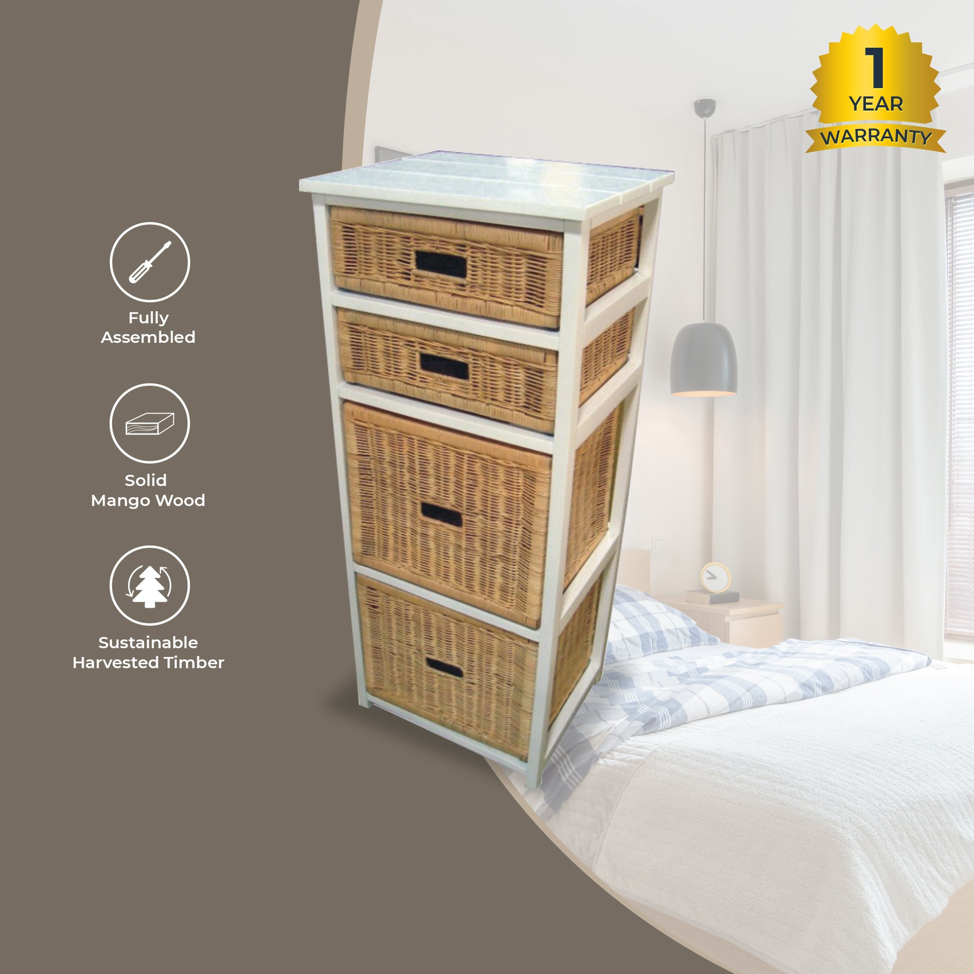 Hyssop Tallboy 4 Chest of Drawers Cane Bedroom Kitchen Bathroom Storage Shelf - Cosy Abode