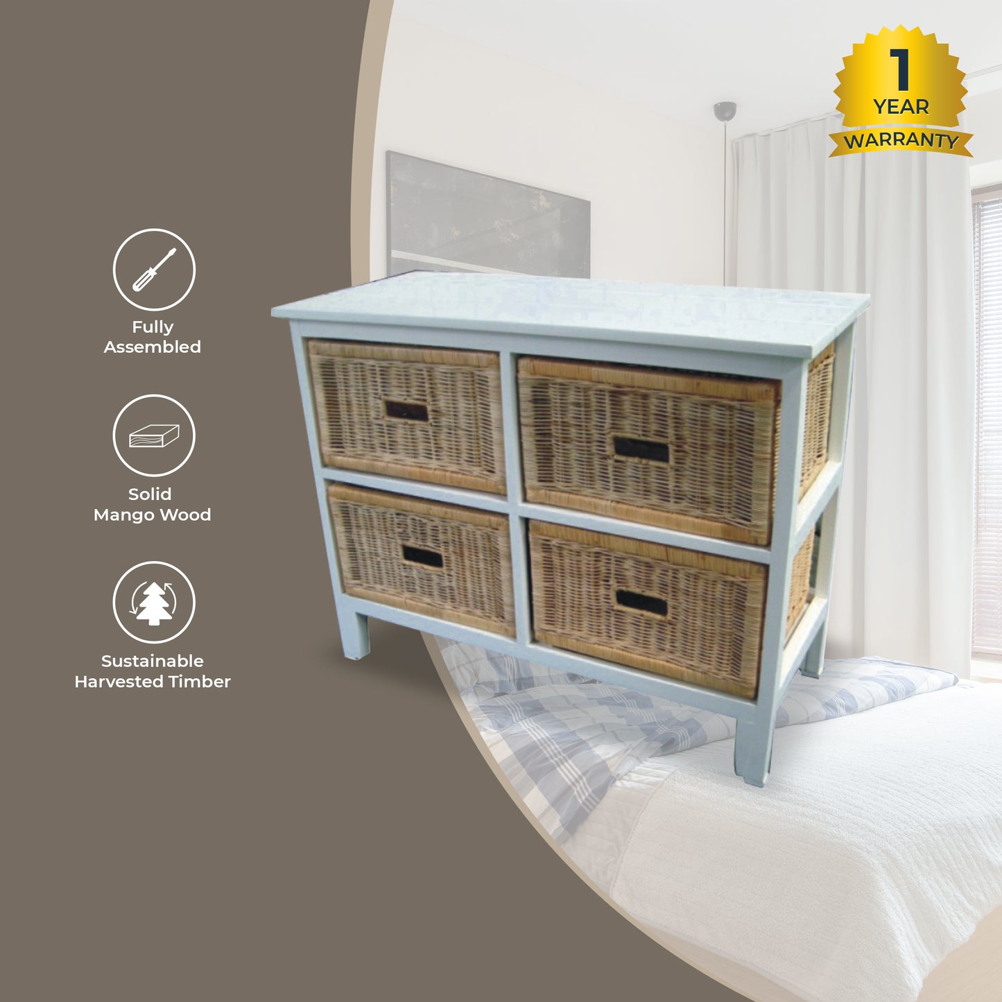 Hyssop Tallboy Wide 4 Chest of Drawers Cane Bedroom Kitchen Bathroom Storage - Cosy Abode