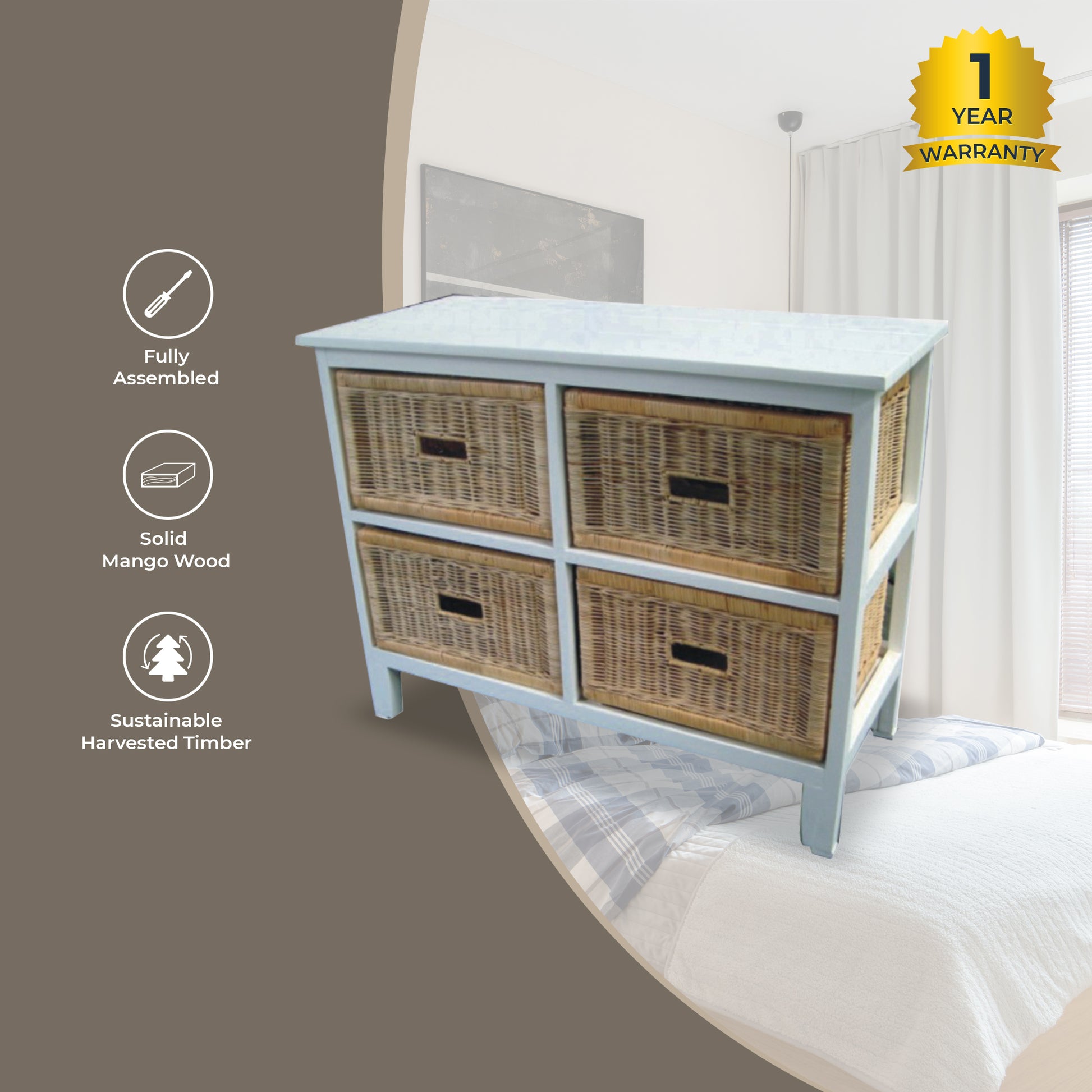 Hyssop Tallboy Wide 4 Chest of Drawers Cane Bedroom Kitchen Bathroom Storage - Cosy Abode