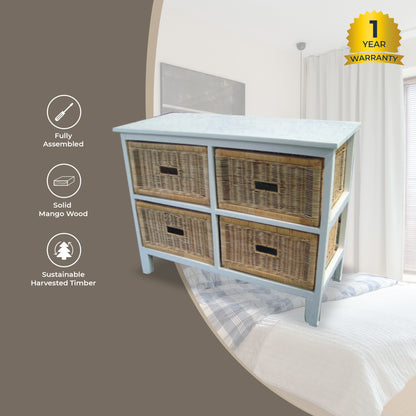 Hyssop Tallboy Wide 4 Chest of Drawers Cane Bedroom Kitchen Bathroom Storage - Cosy Abode