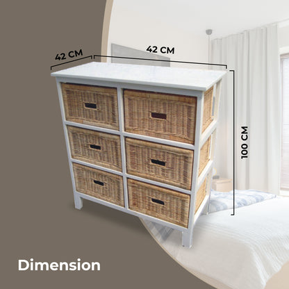 Hyssop Tallboy 6 Chest of Drawers Cane Bedroom Kitchen Bathroom Storage Shelf - Cosy Abode